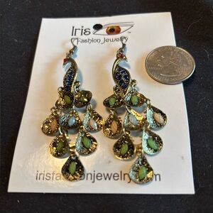 IRIS PEACOCK PIERCED EARNINGS NEW CRYSTALS GOLD TONE